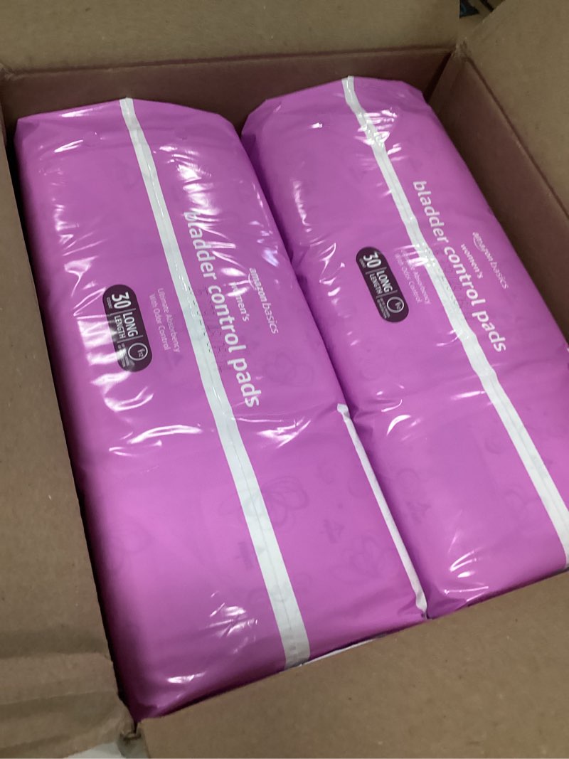 Condition photo showing Good Condition for Amazon Basics Incontinence Pads for Women Long, Bladder Control, Postpartum, Ultimate Absorbency, Unscented, 60 Count (2 Packs of 30) Ultimate 60