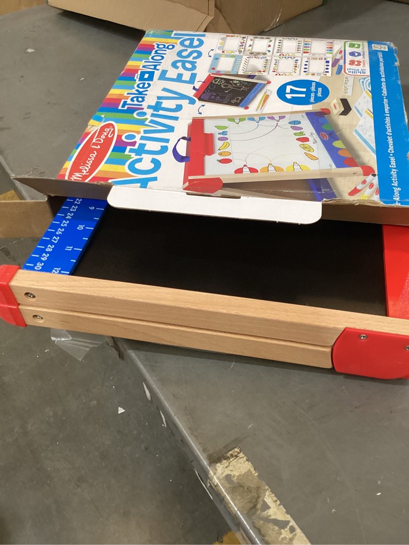 Condition photo showing New/Like New for melissa & doug take-along double-sided wooden tabletop activity art easel; portable travel toy with whiteboard, chalkboard, arts and crafts accessories - fsc certified