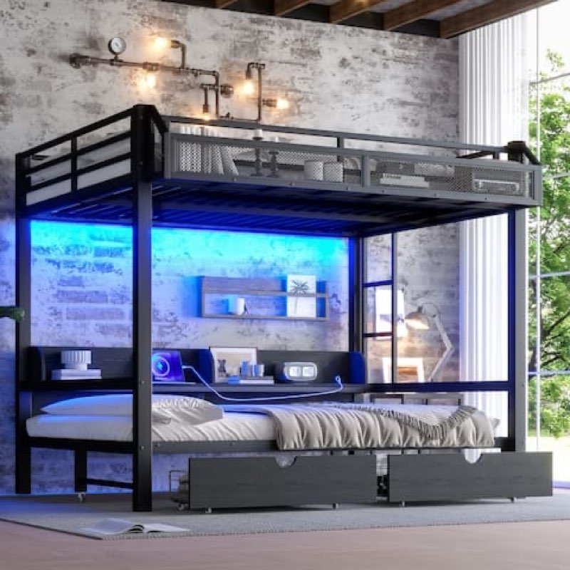 queen over queen bunk bed with storage shelves and drawers,multifunctional metal bunk beds with usb ports and led,black