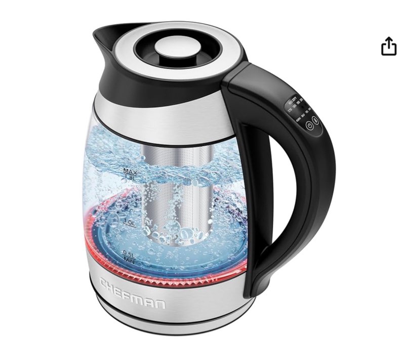chefman electric kettle with temperature control, 5 presets led indicator lights, removable tea infuser, glass tea kettle & hot water boiler, 360° swivel base, bpa free, stainless steel, 1.8 liters
