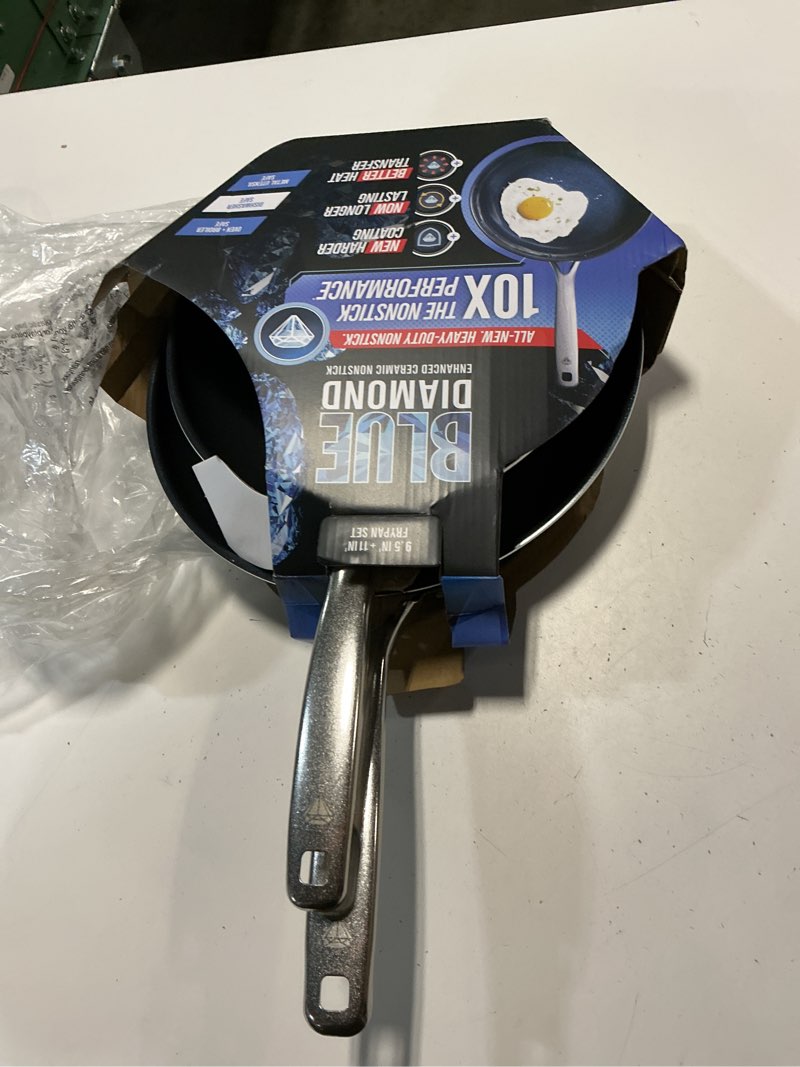 Condition photo showing Good Condition for blue diamond 2 piece nonstick frying pan set, 9.5” & 11" skillets, pfas-free ceramic, dishwasher & oven safe, stainless steel handle, durable metal utensil safe, egg & omelet pans, blue blue 9.5" and 11" frying pan skillet set