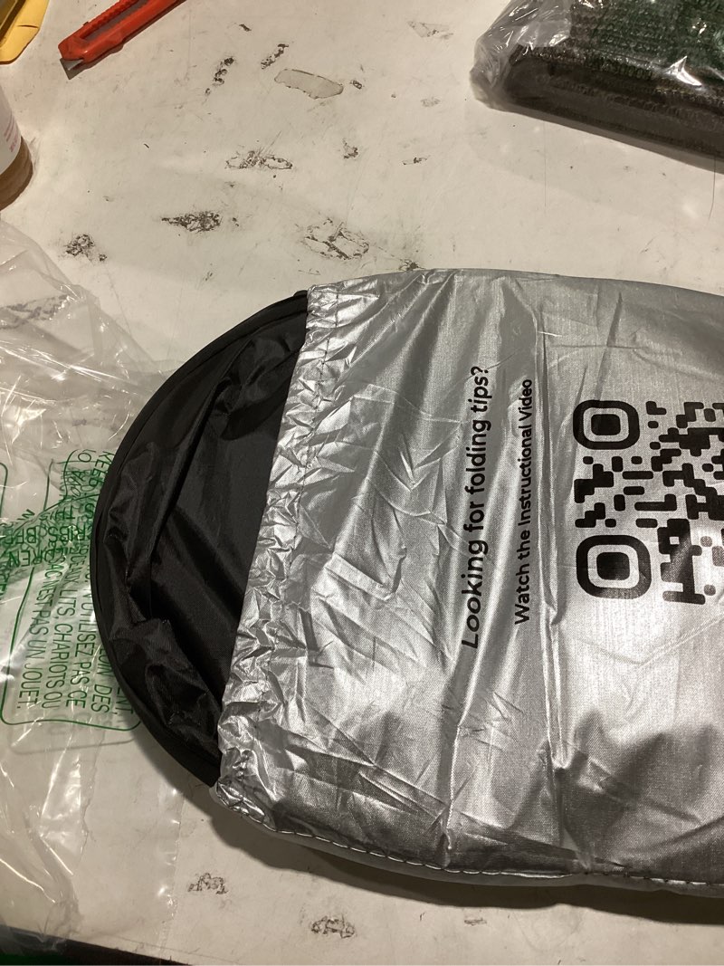 Condition photo showing As Is for ezyshade windshield sun shade with shield-x reflective technology. see vehicle size-chart. foldable car sunshade for front windshield window car suv van truck. sun visor heat shield. sports (s) size small (sports) 2-piece foldable sun shade