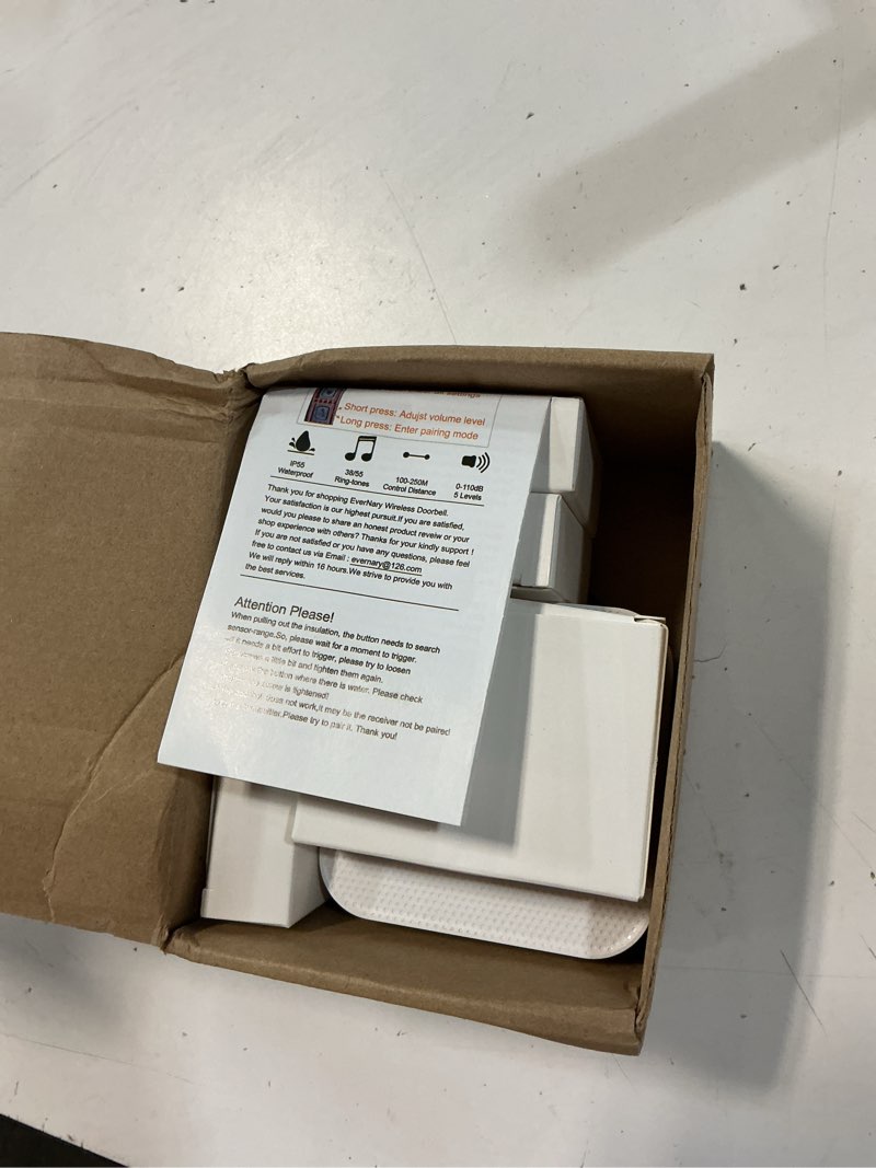 Condition photo showing As Is for dog door bell wireless doggie doorbells for potty training with waterproof touch button dog bells 1 receiver and 4 transmitters, white 1 receiver 4 transmitters white