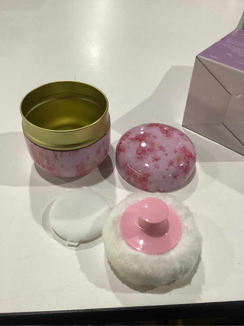 Condition photo showing New/Like New for body powder puff and container for dusting powder, women powder puff and powder case for bath and travel (sakura)
