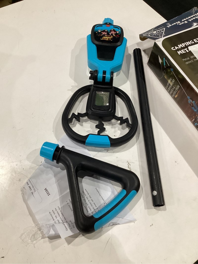 Condition photo showing New/Like New for kids metal detector for boys & girls 4-10, 1lb-metal detector lightweight for kids, adjustable stem from 23.6" to 28.3", 4"-depth, waterproof metal detector with shovel rake