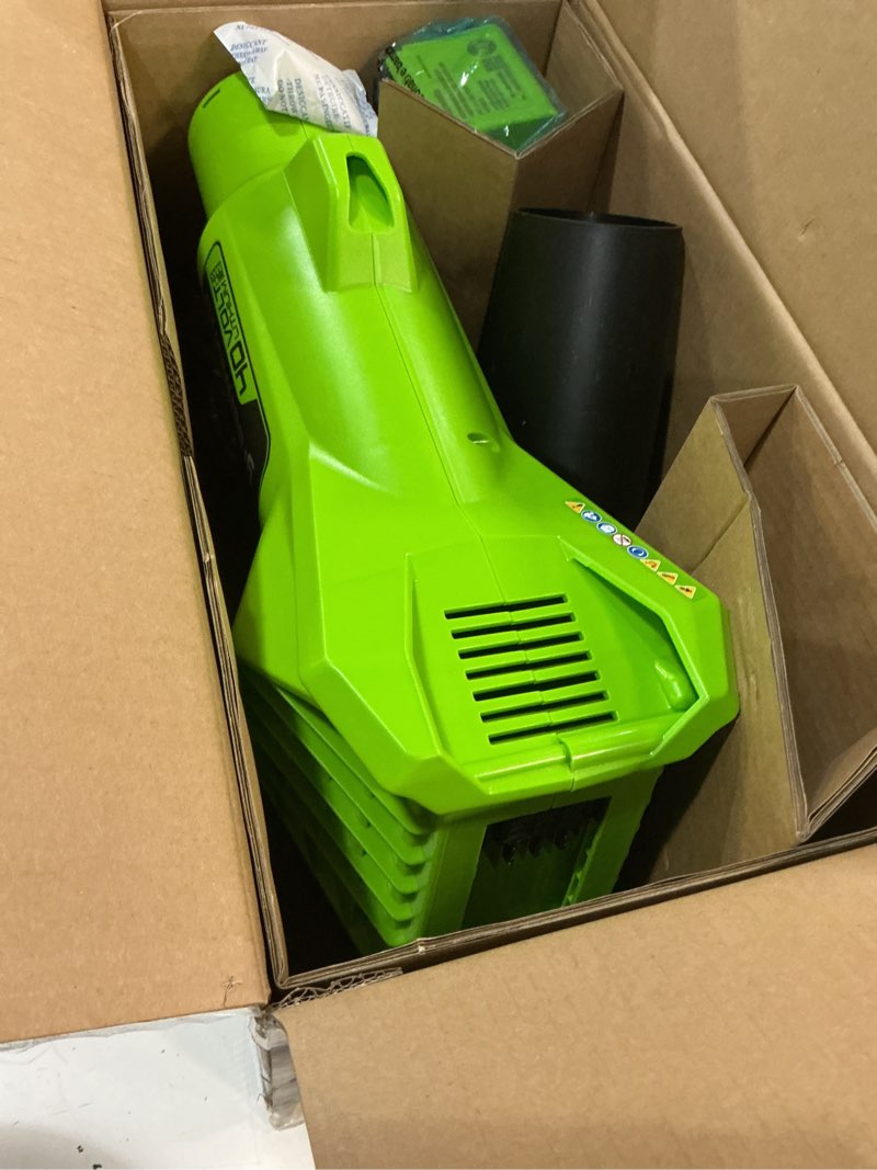 Condition photo showing As Is for greenworks 40v (100 mph / 350 cfm) cordless axial leaf blower, 2.0ah battery and charger included (350 cfm) blower, 2.0 ah