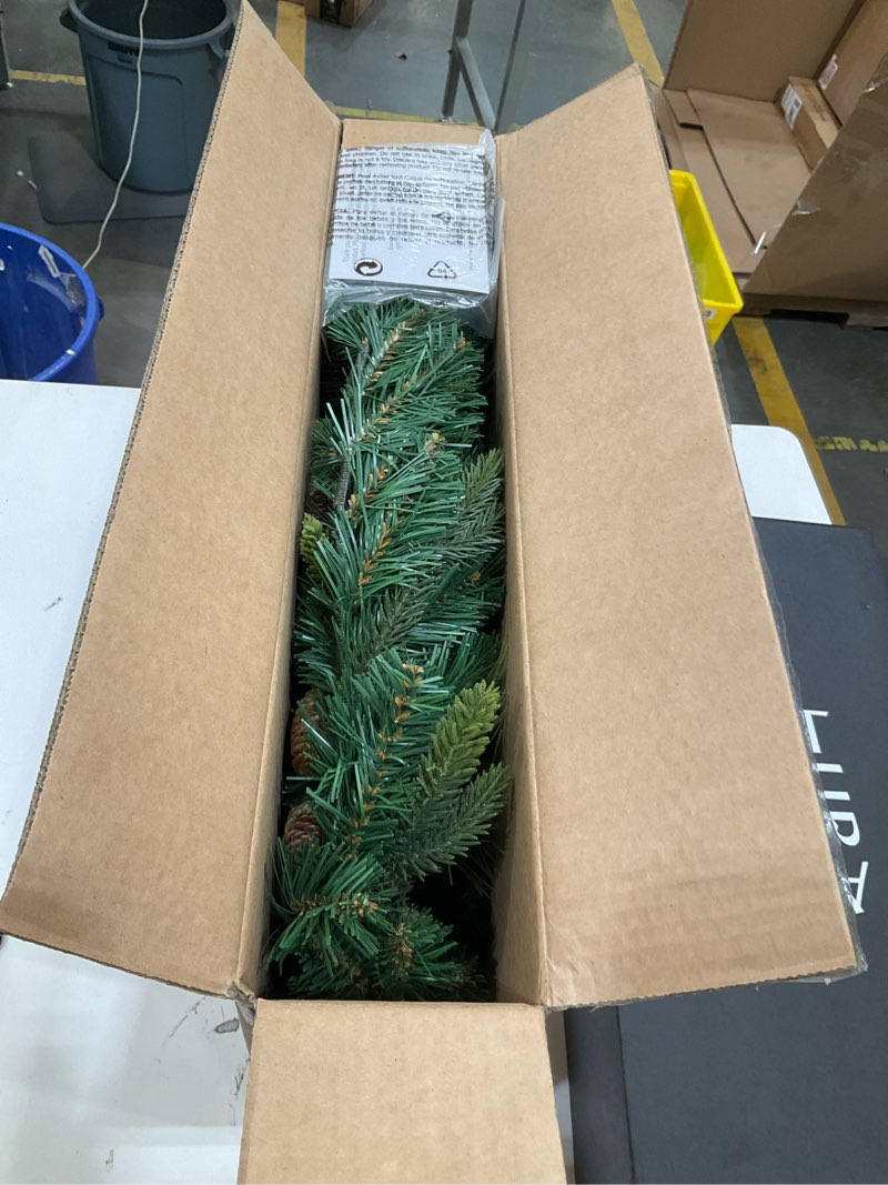 Condition photo showing Good Condition for national tree company 9 ft pre-lit carolina pine artificial christmas garland, christmas decoration with pinecones, 100 warm white led lights, 240 tips, timer, green battery operated tree