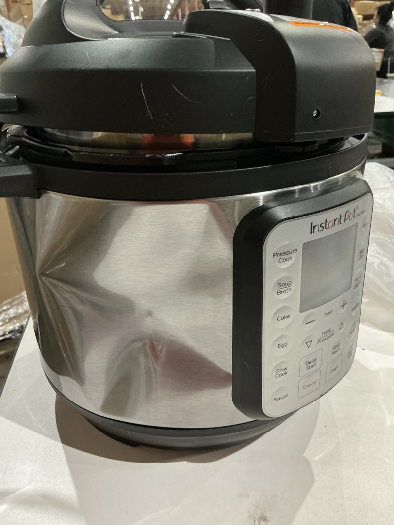 Condition photo showing As Is for instant pot duo plus 9-in-1 multicooker, pressure cooker, slow cook, rice maker, steamer, sauté, yogurt, warmer & sterilizer, includes app with over 800 recipes, stainless steel, 6 quarts