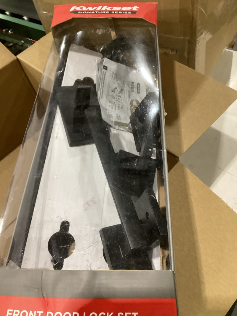 Condition photo showing As Is for Kwikset San Clemente Front Door Lock Handle and Deadbolt Set, Entry Handleset Exterior with Interior Reversible Lever, Matte Black, Pick Resistant SmartKey Rekey Deadbolt Security Matte Black With Handle Keyed Entry