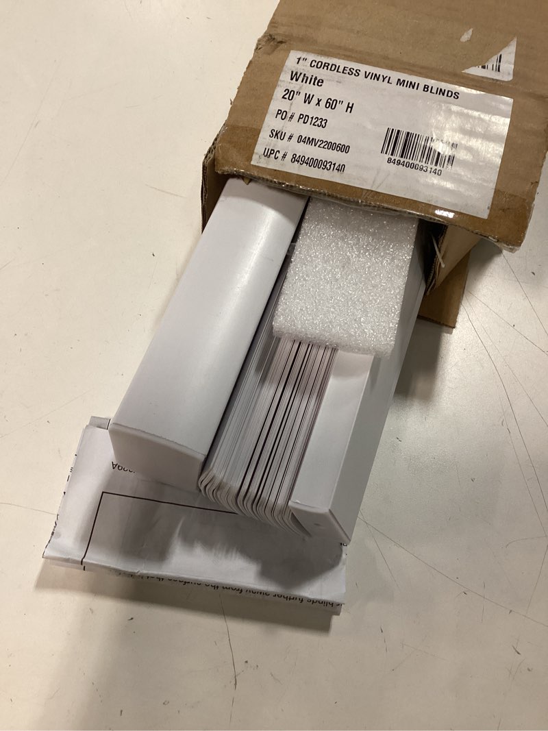 Condition photo showing As Is for LazBlinds Cordless White 1\" Room Darkening Vinyl Mini Blinds, 20\" W X 60\" H Horizontal Window Blinds for Home, Cordless Shades for Indoor Windows White 20\"W X 60\"H