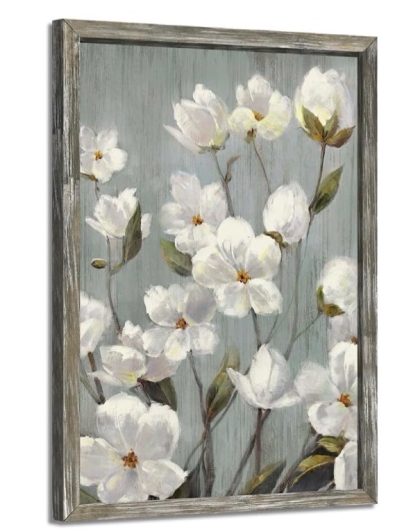 Rustic Floral Framed Wall Art: Modern White Flower Oil Painting Abstract Botanical Picture Vintage Blossom Wood Prints Artwork for Living Room Bedroom Farmhouse, 24”x16”