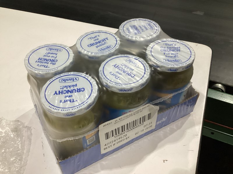 Condition photo showing New/Like New for **best by: 02/18/2026**  vlasic no sugar added bread and butter pickle chips, 16 fl oz, pack of 6 no sugar added bread & butter pickle chips 16 oz (6 pack)