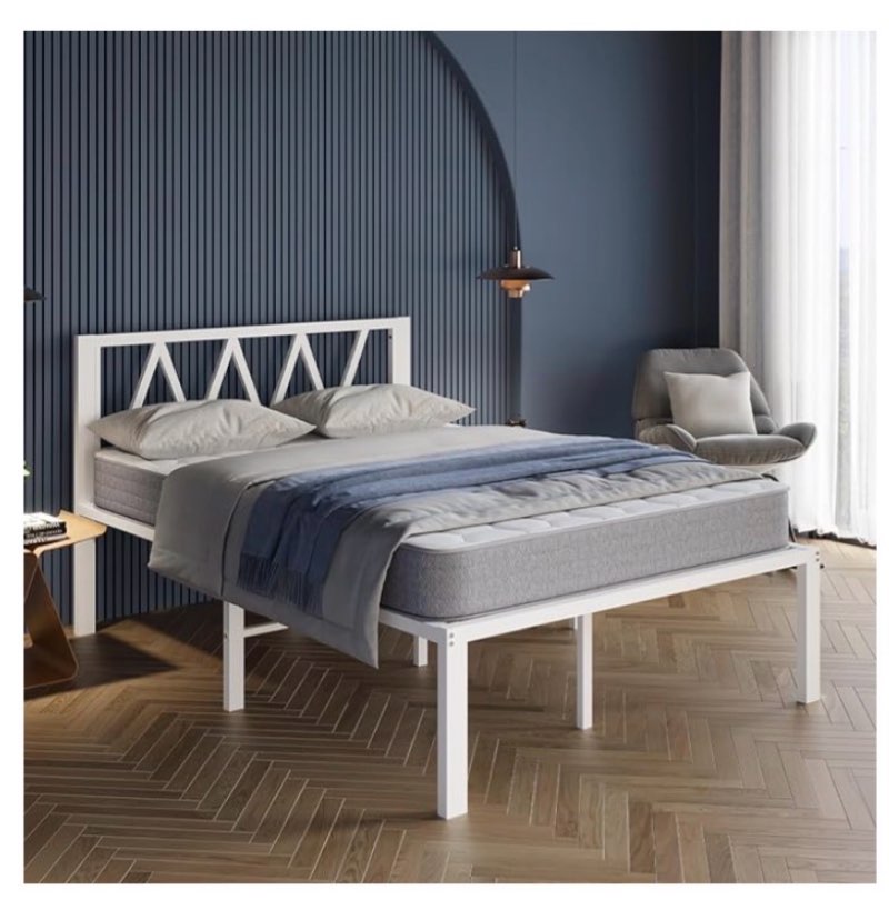 avenco 18 inch queen bed frame with headboard, white metal platform bed frame, queen size bed frame 