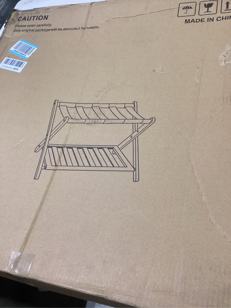 Condition photo showing Good Condition for Bamboo Luggage Rack Fully Assembled, Folding Suitcase Stand with Shoe Shelf, Heavy-Duty Luggage Holder for Guest Room Must Haves, Bedroom, Hotel, Walnut Walnut 1 Pack