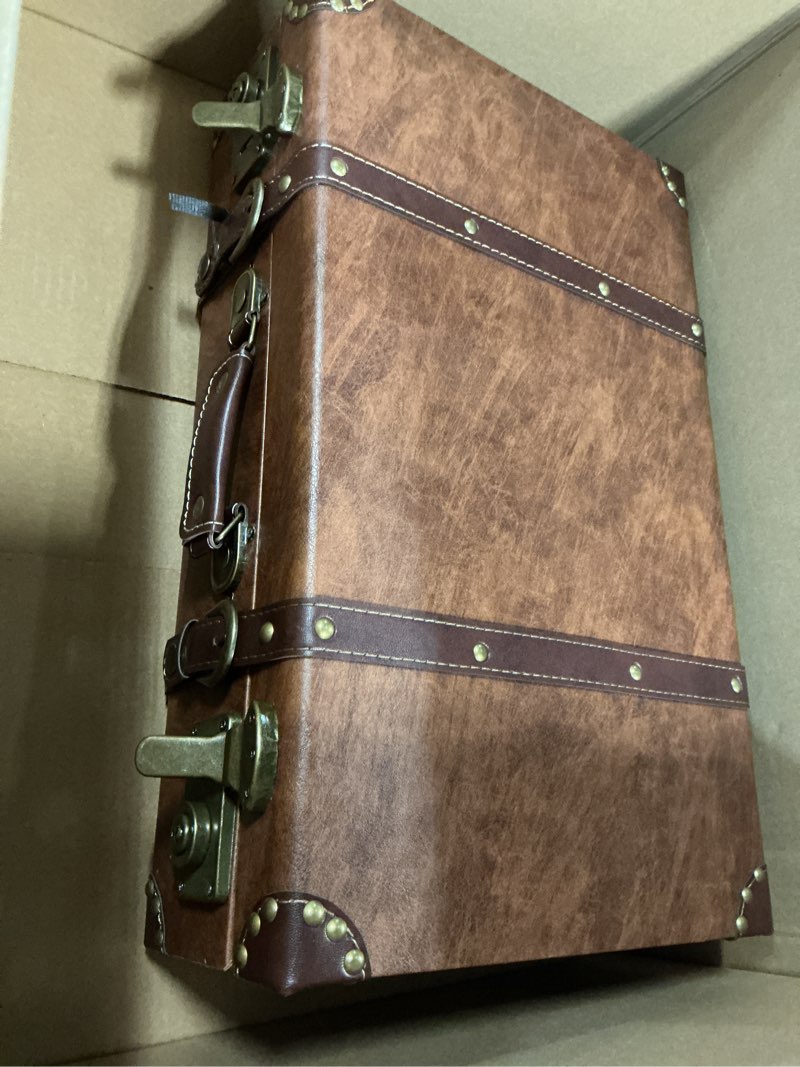 Condition photo showing Good Condition for feilario vintage leather storage trunk small portable decorative luggaage suitcase movie prop luggage-2size option (brown, s/l set) brown-s/l set