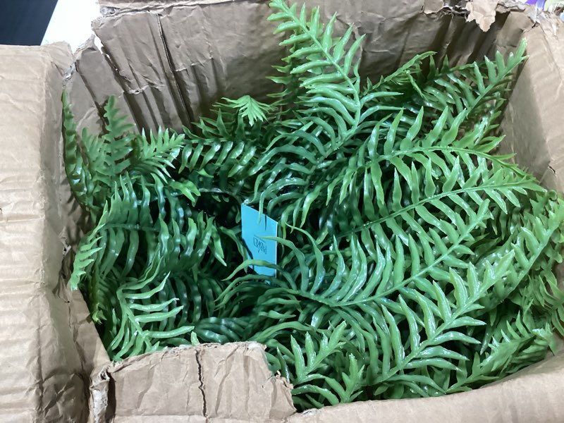 Condition photo showing Good Condition for 2 set fake ferns with hanging baskets, uv resistant fake hanging ferns plants, outdoor artificial hanging plants for front porch garden balcony patio home decor, no assembly green x 2