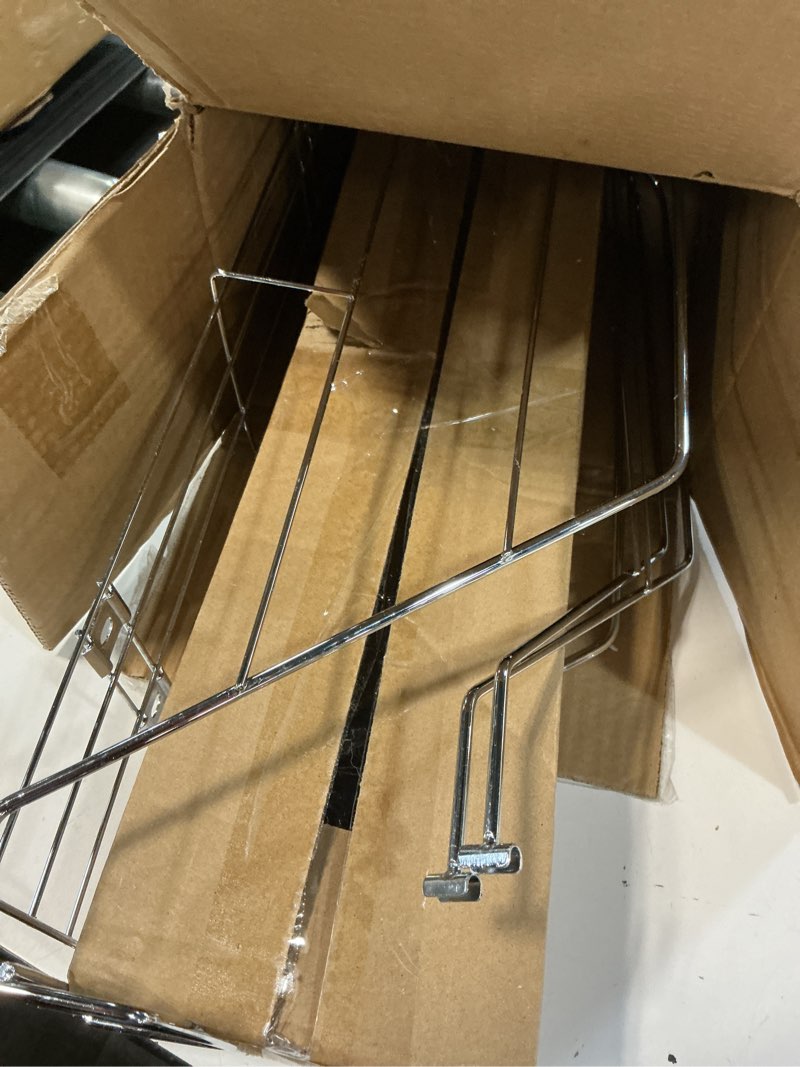 Condition photo showing As Is for household essentials glidez multipurpose chrome-plated steel pull-out/slide-out storage organizer for cookware and bakeware - fits standard size cabinet or shelf, chrome single tier 5" - extended