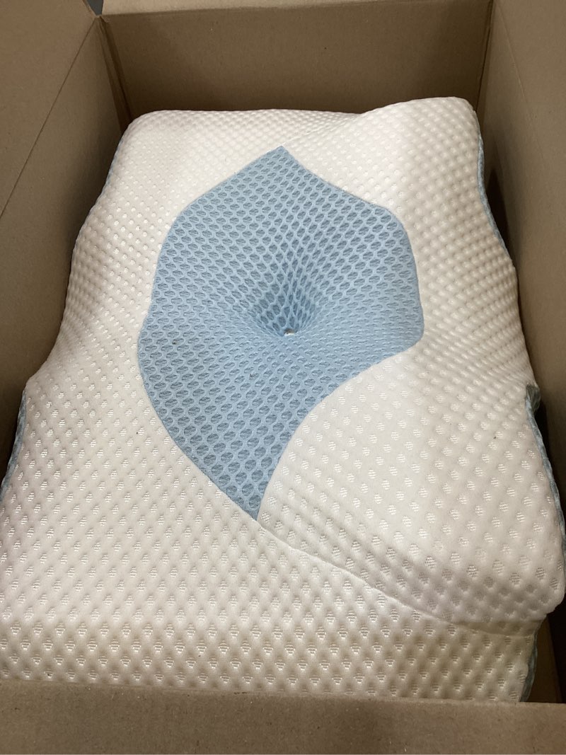 Condition photo showing As Is for osteo cervical pillow for neck pain relief, hollow design odorless memory foam pillows with cooling case, adjustable orthopedic bed pillow for sleeping, support for side back sleepers queen(25.5*16.5*5.2/4.1 inches) white