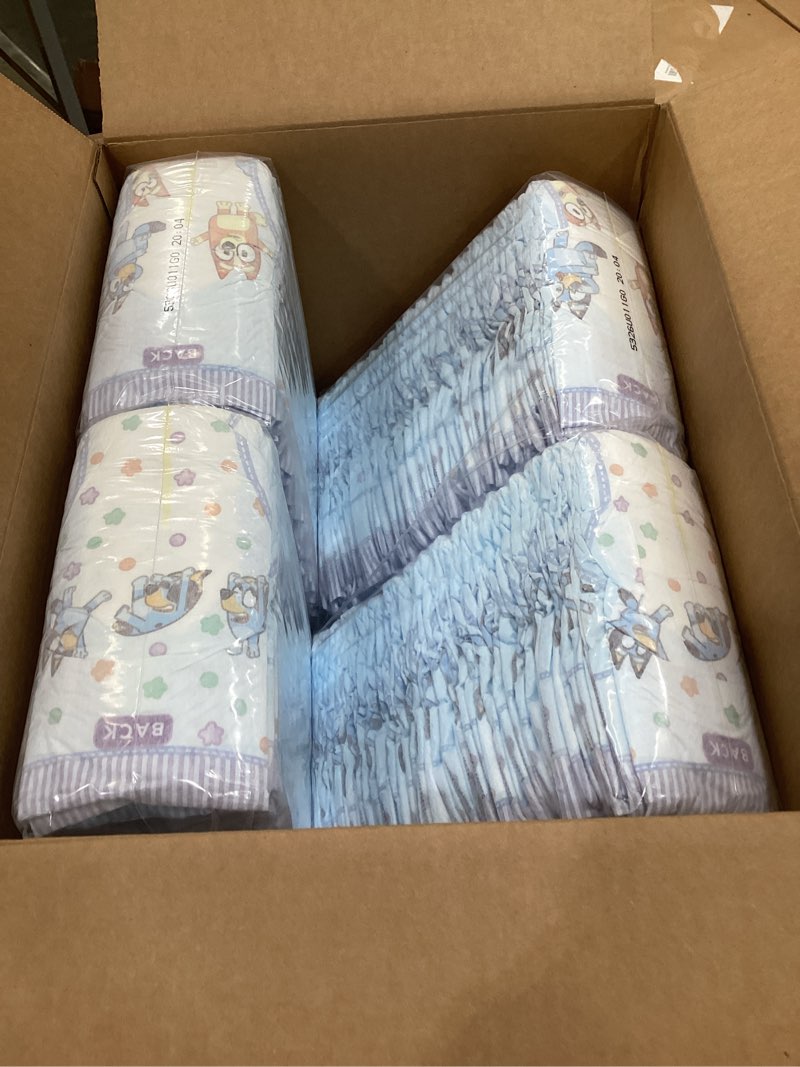 Condition photo showing As Is for luvs size 4 baby diapers, platinum protection bluey diapers for day & night, size 4, 198 count (packaging may vary) size 4 198