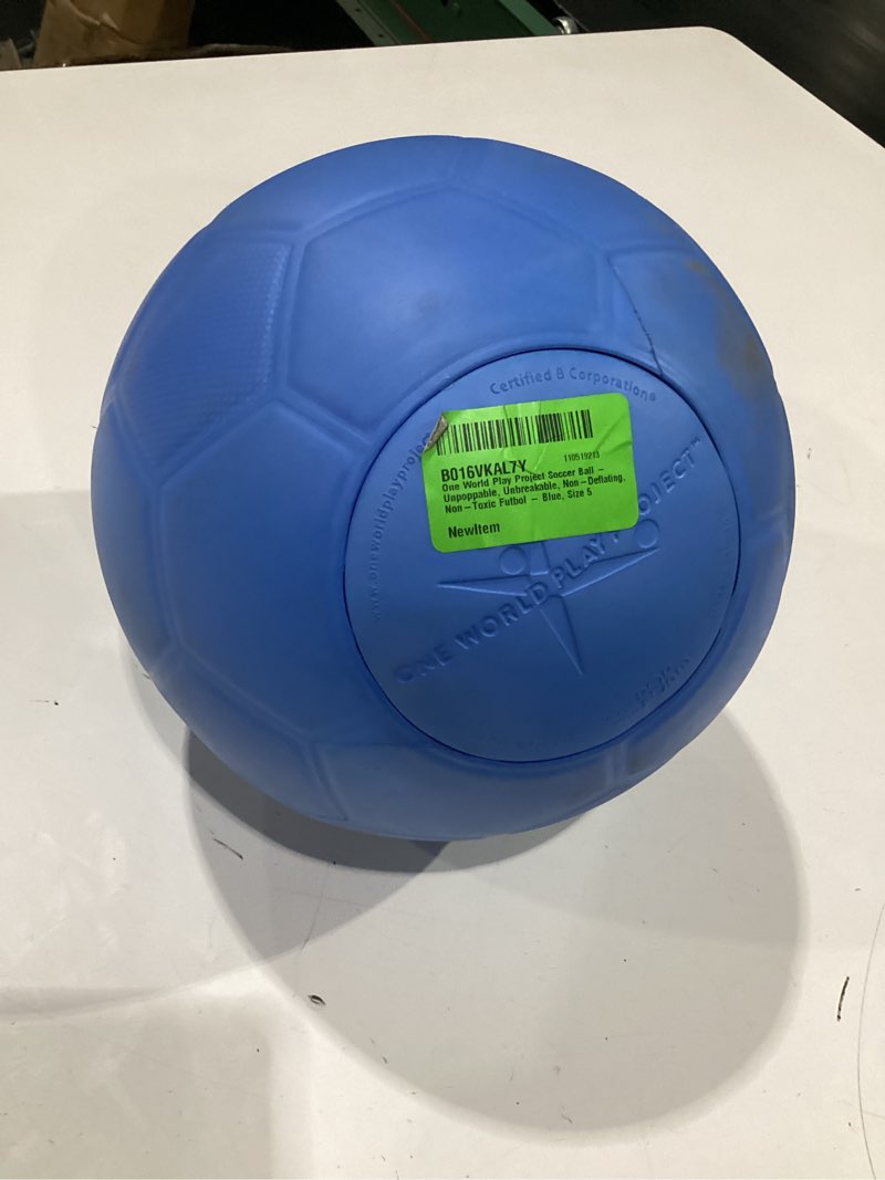 Condition photo showing New/Like New for one world play project soccer ball - unpoppable, unbreakable, non-deflating, non-toxic futbol - blue, size 5