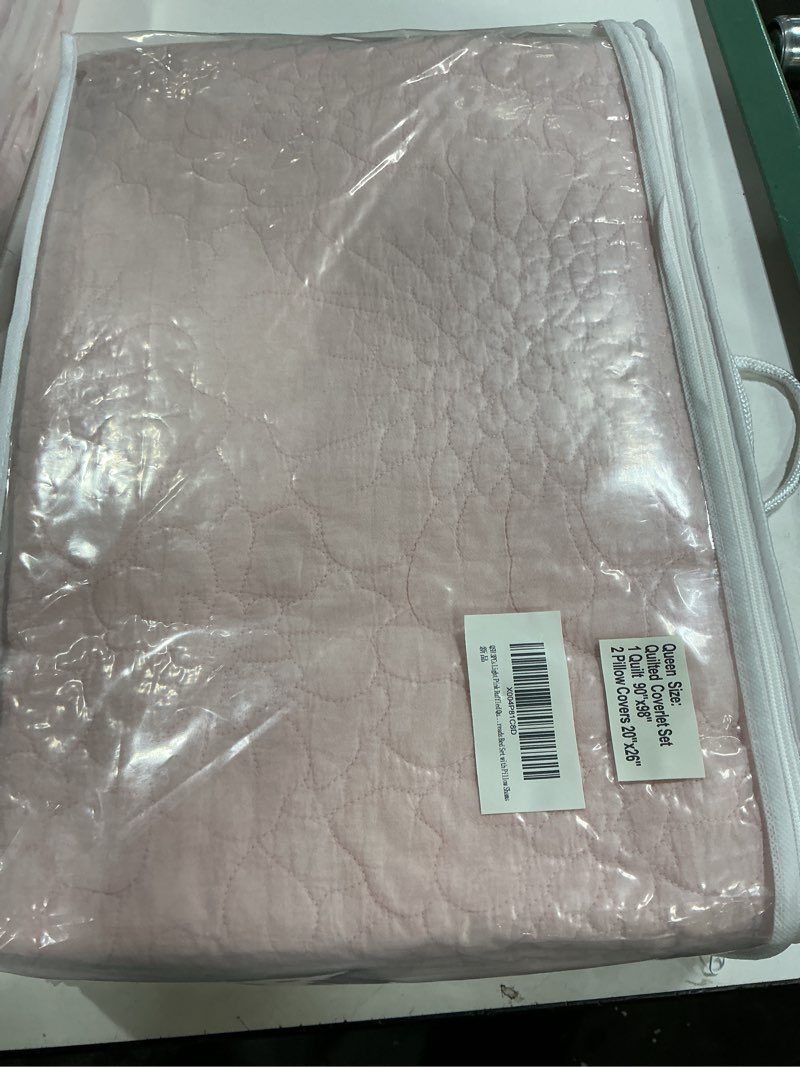 Condition photo showing New/Like New for qsh 3pcs blush ruffled quilt queen size (90"x98"),stonewashed cotton quilt set,ultra soft lightweight crinkled bedspread coverlet queen shabby farmhouse chic bedspreads bed set with pillow shams queen (90"x98") blush