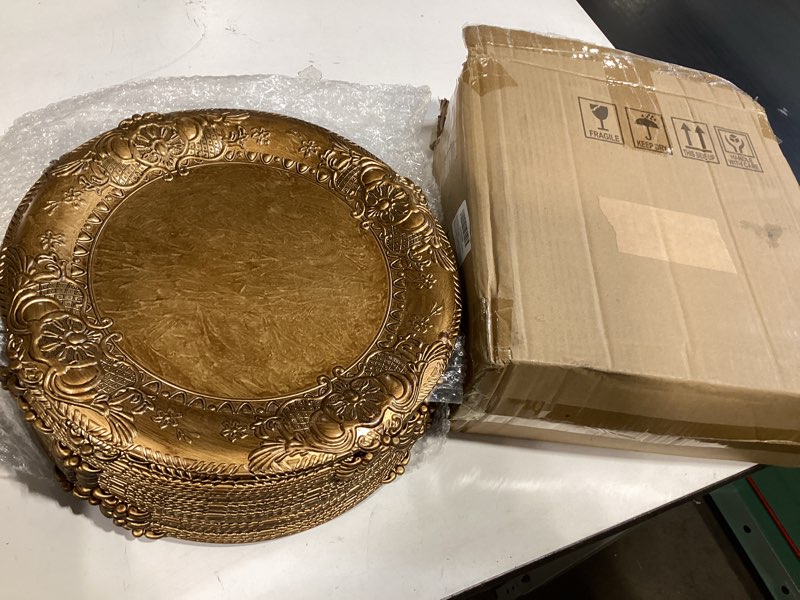 Condition photo showing New/Like New for mifoci antique gold charger plates set of 24 plastic gold chargers for dinner plates decorative 13" round plate bulk with embossed rim for dinner, party, wedding(classic)