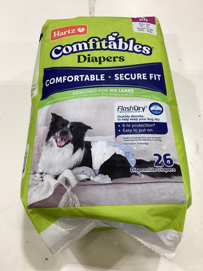 Condition photo showing New/Like New for hartz comfitables disposable dog diapers, size large 26 count, comfortable & secure fit, easy to put on, super absorbent male and female diaper value pack large