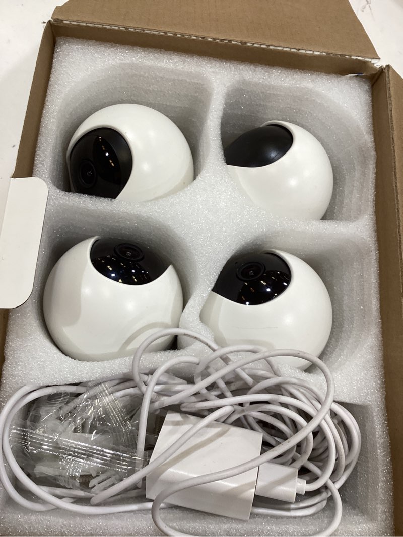 Condition photo showing As Is for cinnado 2k home security cameras-2.4ghz wifi indoor camera with 360° motion detection for pets/nanny/baby/dog, 2 way audio, 24/7 sd card storage, cloud storage, works with alexa & google home, d1 4p 3 mp 4 pack
