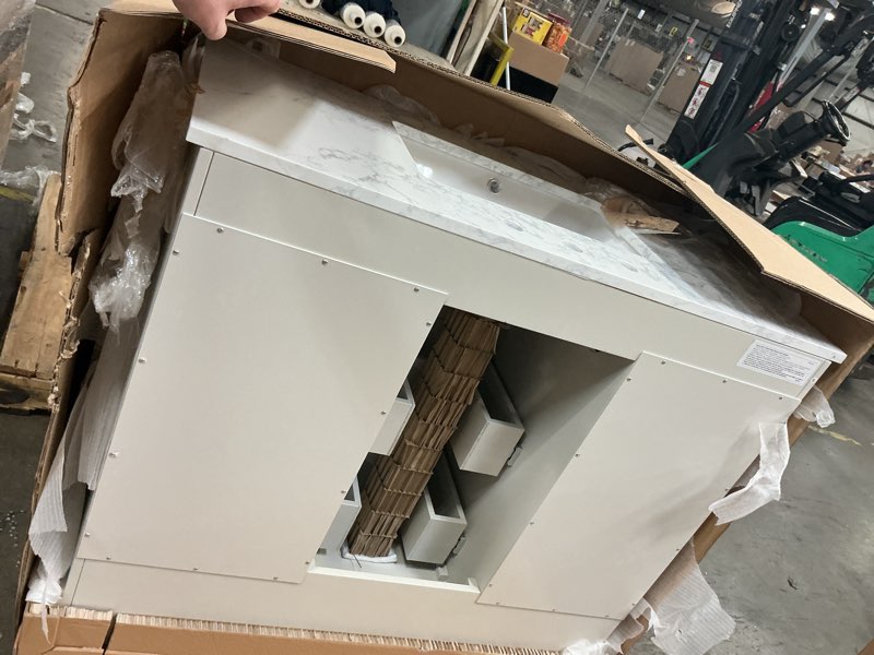 Condition photo showing As Is for allen + roth pittman 42-in muse gray undermount single sink bathroom vanity with white engineered calacatta veined engineered stone top