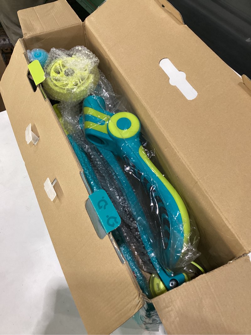 Condition photo showing New/Like New for aqua and yellow 3 wheel scooter with seat for kids, light-up wheels, adjustable lean to steer handlebar and seat, smooth wheels, wide no-slip deck, rear foot brake, toddler outdoor toys for ages 2+