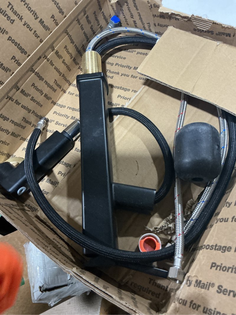 Condition photo showing As Is for HANLIAN Single Handle Pull Out Bathroom Vessel Sink Faucet with Rotating Spout, Modern Single Hole Tall Bathroom Faucet with Pull Down Sprayer, One Hole High Bathroom Sink Faucet Black with 3 Modes Tall without Temperature Display Black