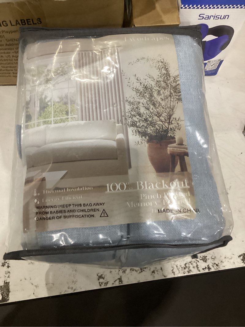 Condition photo showing New/Like New for blue 96 inch blackout pinch pleated curtains 2 panel set for living room darkening thick linen textured 100% black out drapes 96 inches long pinch pleat light blocking bedroom dusty sky ice blue light blue 40"w x 96"l (pack of 2)
