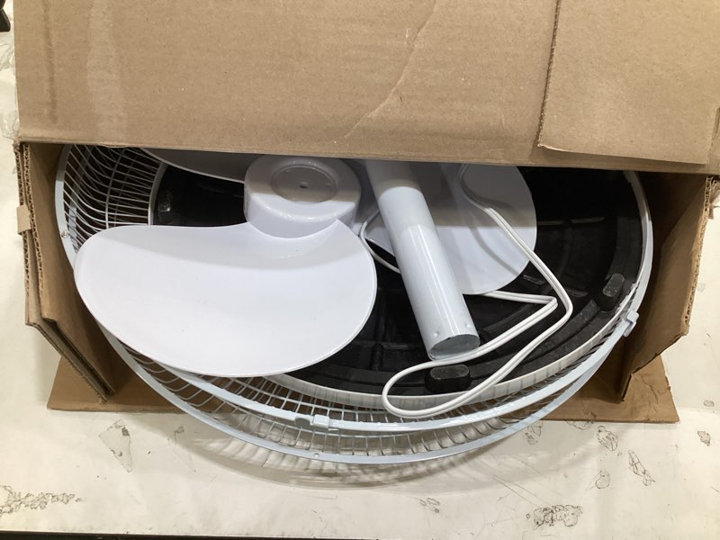 Condition photo showing As Is for black+decker 18-inch stand fan with pedestal base, height adjustable pedestal fan with remote and touch control panel, free standing fan with 90-degree oscillating and 3-speed settings, white