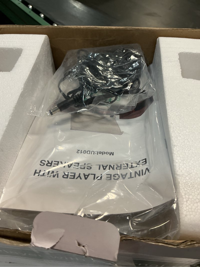 Condition photo showing New/Like New for Vinyl Record Player with External Speakers BT 5.3 Wireless Turntable Portable with 3 Speed USB Vintage Wooden White