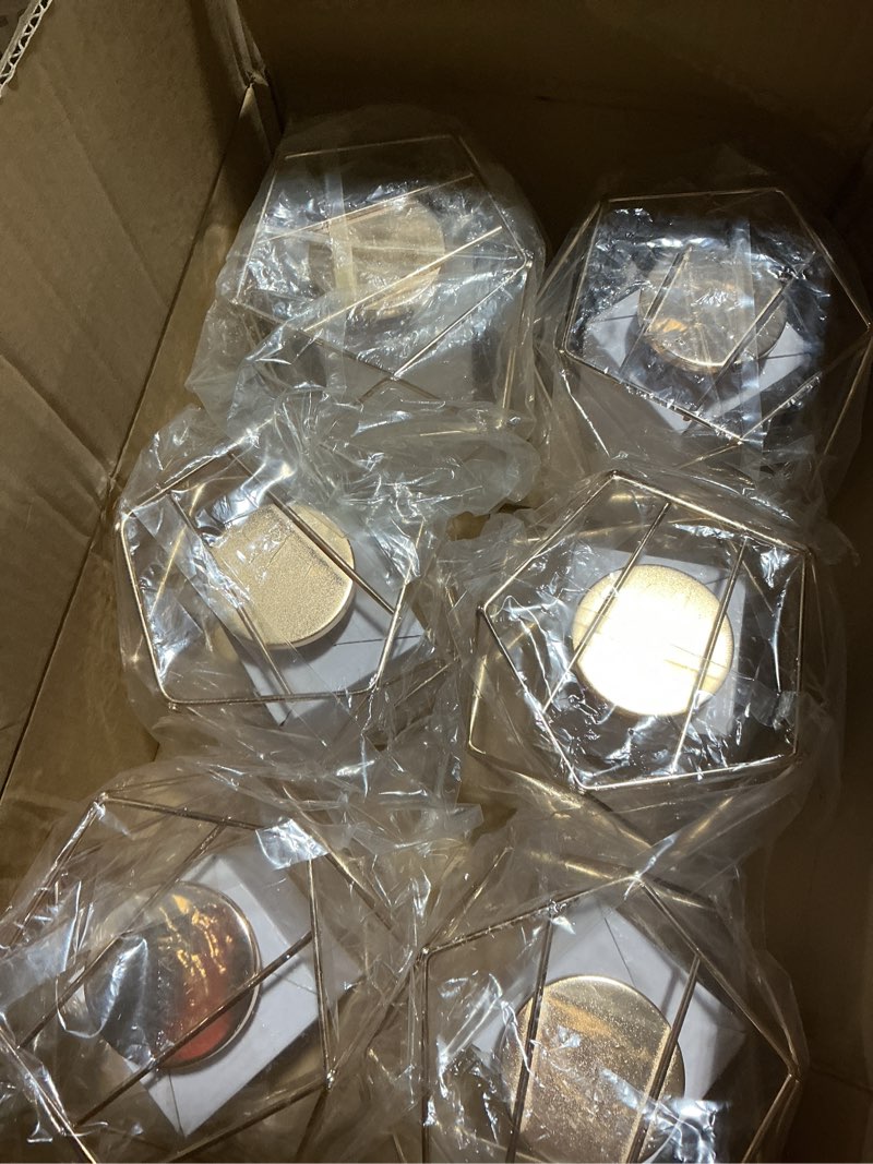 Condition photo showing Good Condition for hewory geometric tealight candle holders gold, modern metal geo wedding centerpieces for table, votive candle stand accent for tea light for home shelf mantel christmas birthday party decor, 6pcs