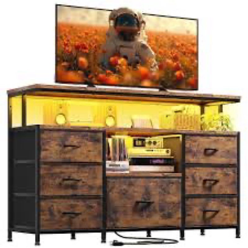 furologee 55" led tv stand for bedroom with power outlets, entertainment center with 6 fabric drawer