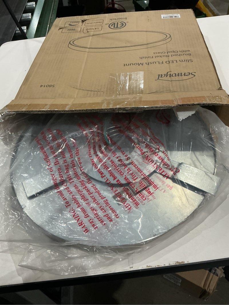 Condition photo showing As Is for flush mount ceiling light fixture, 14 inch led modern kitchen light, slim dimmable brushed nickel flush mount light for low ceiling, laundry, hallway, metal and glass lighting, 26w, 3000k brushed nickel 14 inch-1 pack