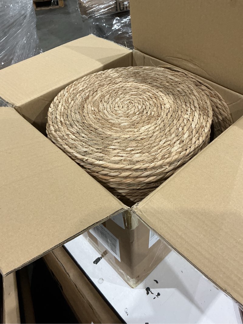 Condition photo showing New/Like New for 50 pcs cattail round woven placemats set, cattail placemats with pearl napkin rings boho farmhouse rustic woven chargers natural mat bulk for wedding party, dinner table (13 inch) 50 13 inch