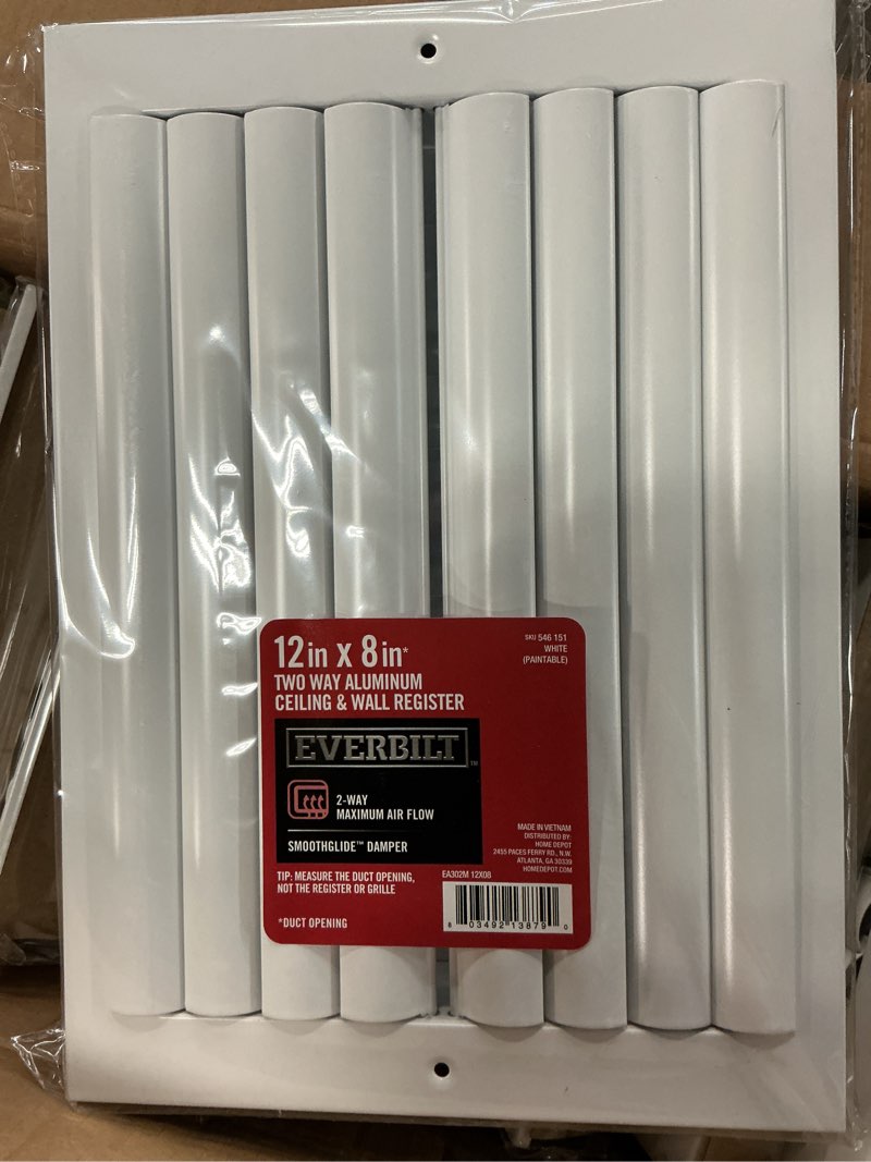 Condition photo showing New/Like New for 12 in. x 8 in. 2-way aluminum adjustable curved blade wall/ceiling register in white