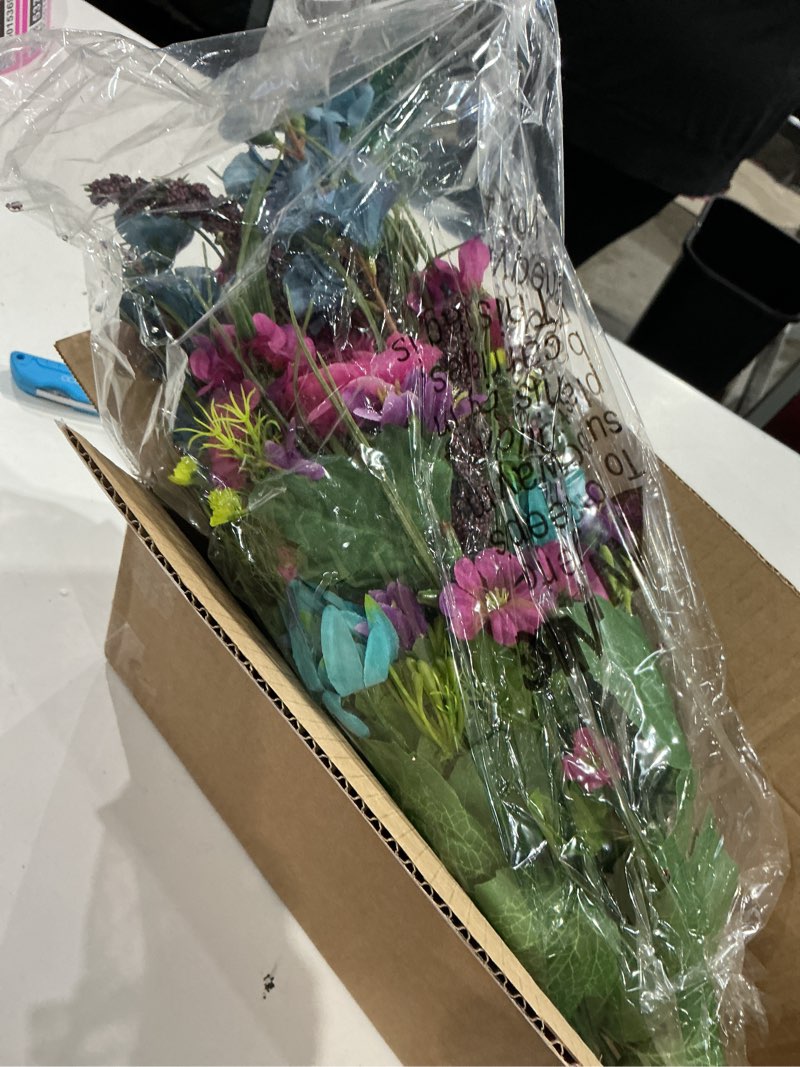 Condition photo showing Good Condition for artificial dahlia, morning glory and ranunculus and blossom fillers mixed bush - 30 stems for home, wedding, restaurant and office decoration arrangement, turquoise/lilac/celery