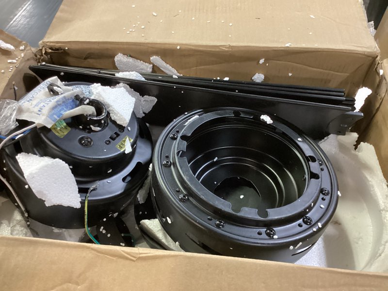 Condition photo showing As Is for Hunter 44 inch Outdoor or Indoor Ceiling Fan No Light - Black Ceiling Fan without Light, For Patio, Porch, Garage, or Living Room, Standard Mount, 6 Blades, Wall Control - Kennicott 59613, Matte Black Matte Black Finish