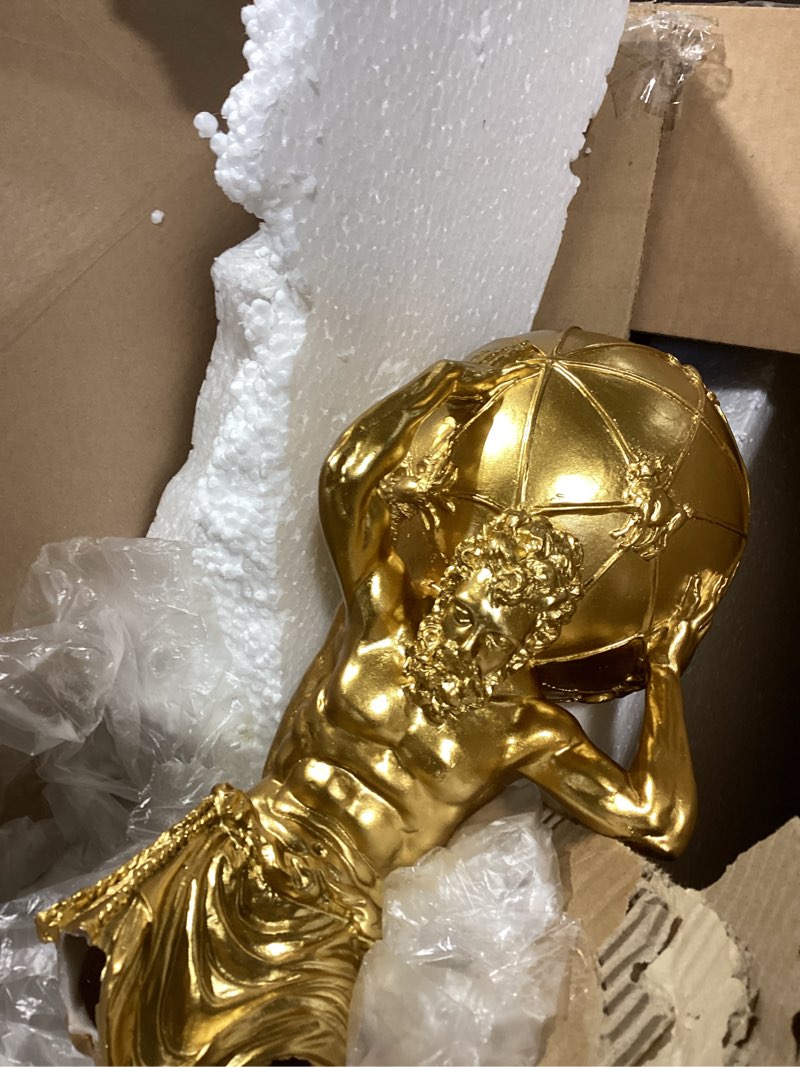 Condition photo showing As Is for gold greek atlas holding world statue large sculpture figurine home office living room desktop display decor decorative decoration 16.5 inch
