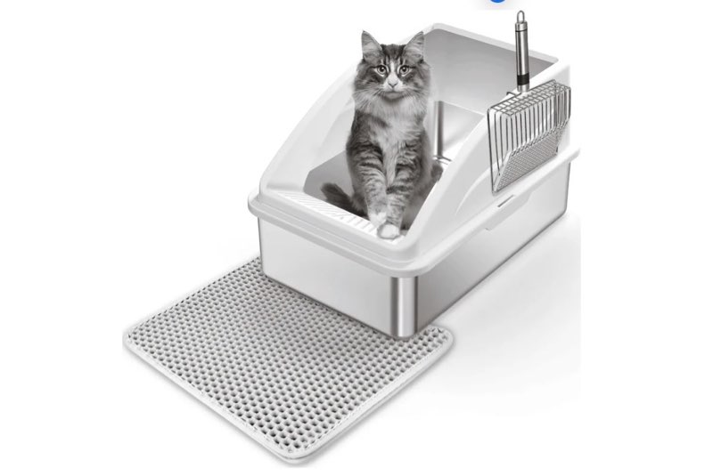 (Similar to stock photo) Stainless Steel Litter Box with Lid,FurLove 20L Half-Enclosed Large Cat Litter Box, 6in High Sided Cat Litter Box,XL Litter Box for Small/Big/Multi Cats,Silver Gray