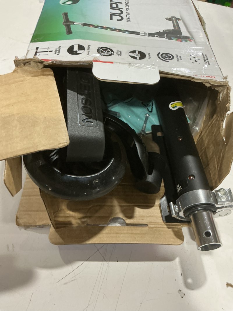 Condition photo showing As Is for jetson jupiter kids 2-wheel light-up kick scooter, led lights on handlebar, stem, wheels & deck, adjustable handlebar, rear brake, easy-folding mechanism, ages 5+ jupiter black