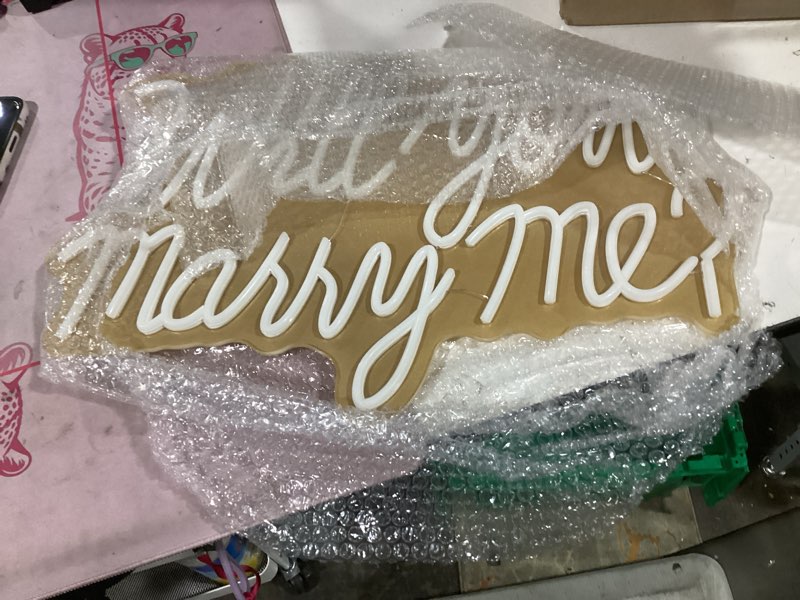 Condition photo showing As Is for will you marry me neon sign for wedding party backdrop marry me light up letters for wall decor neon led signs for marriage proposal valentine's day decorations 21.7x13.8 inch (warm white)