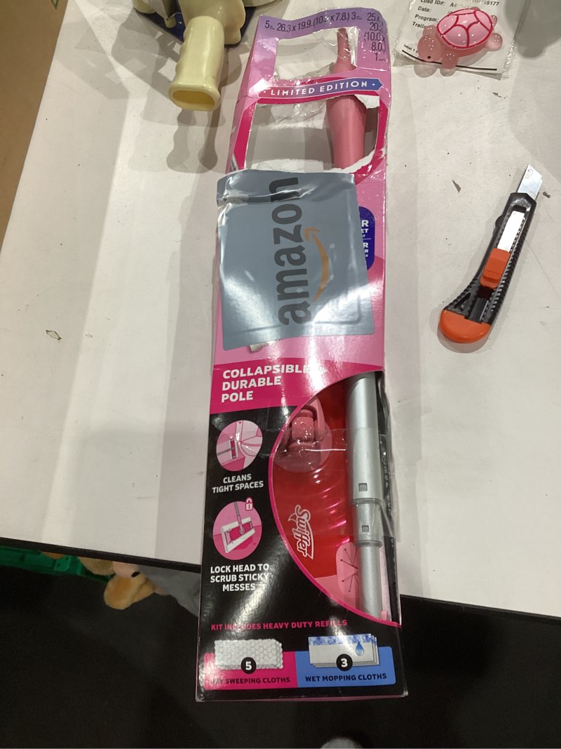 Condition photo showing As Is for swiffer sweep and mop deluxe, limited edition pink wicked: for good, 2-in-1 floor mopping and sweeping kit, 1 sweeper device, 5 heavy duty dry sweeping cloths, 3 heavy duty wet mopping cloths wicked pink deluxe starter kit