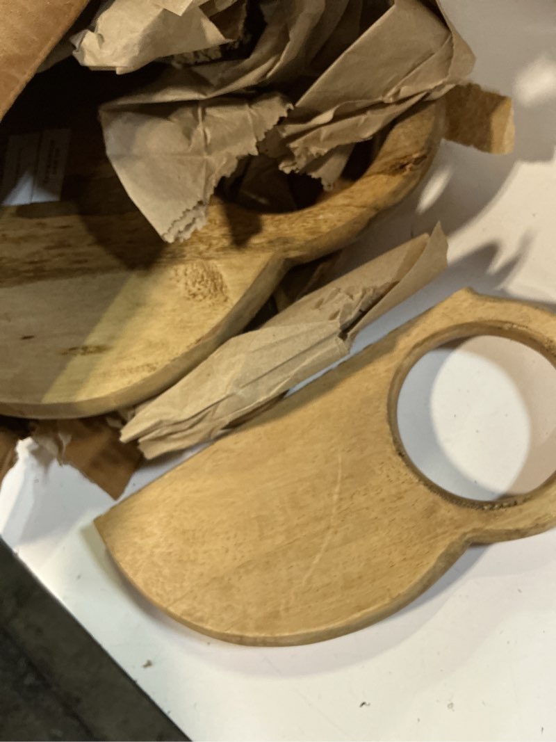 Condition photo showing As Is for creative co-op 3-piece round mango wood cutting boards in various sizes with stand, natural