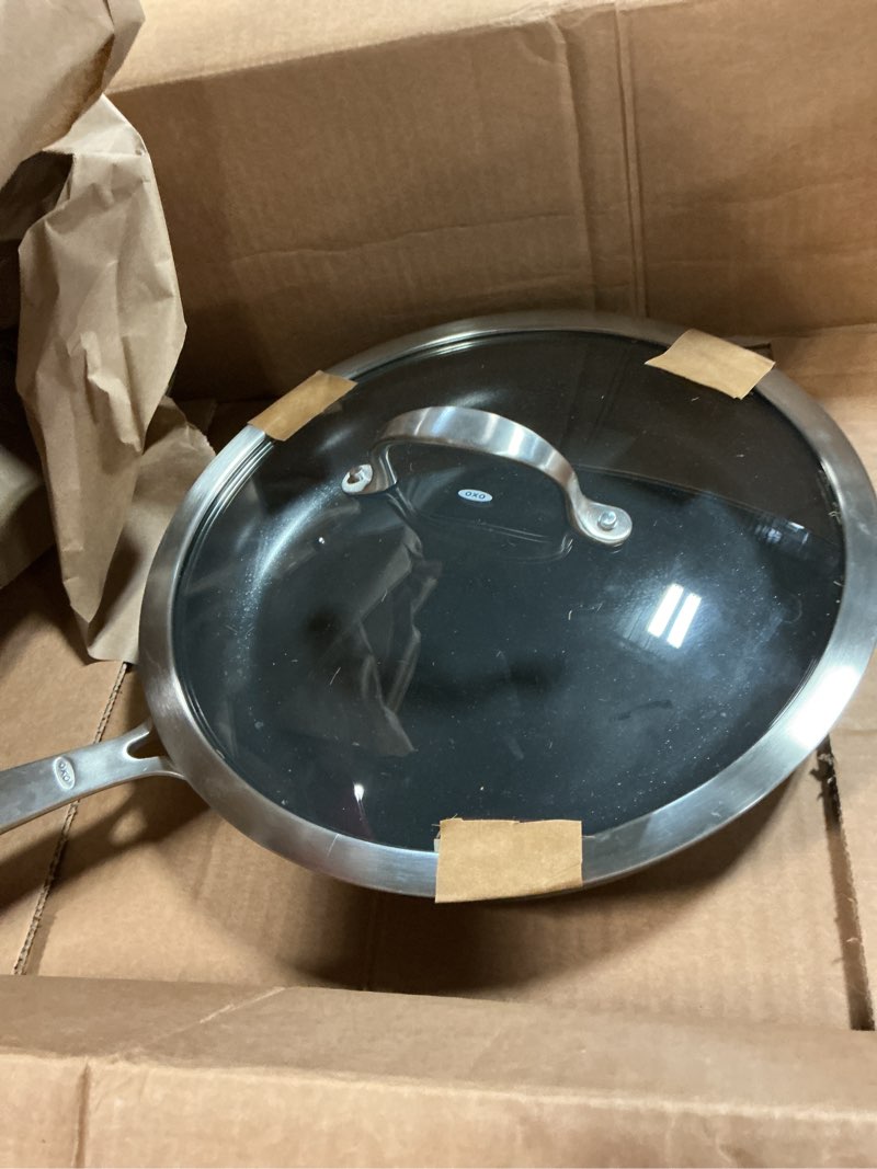 Condition photo showing Good Condition for OXO Enhanced, 12" Frying Pan Skillet with Lid, Healthy Ceramic Nonstick, PFAS-Free, Stainless Steel Handle, Dishwasher Safe, Oven Safe, Black 12" Frying Pan Skillet with Lid Black