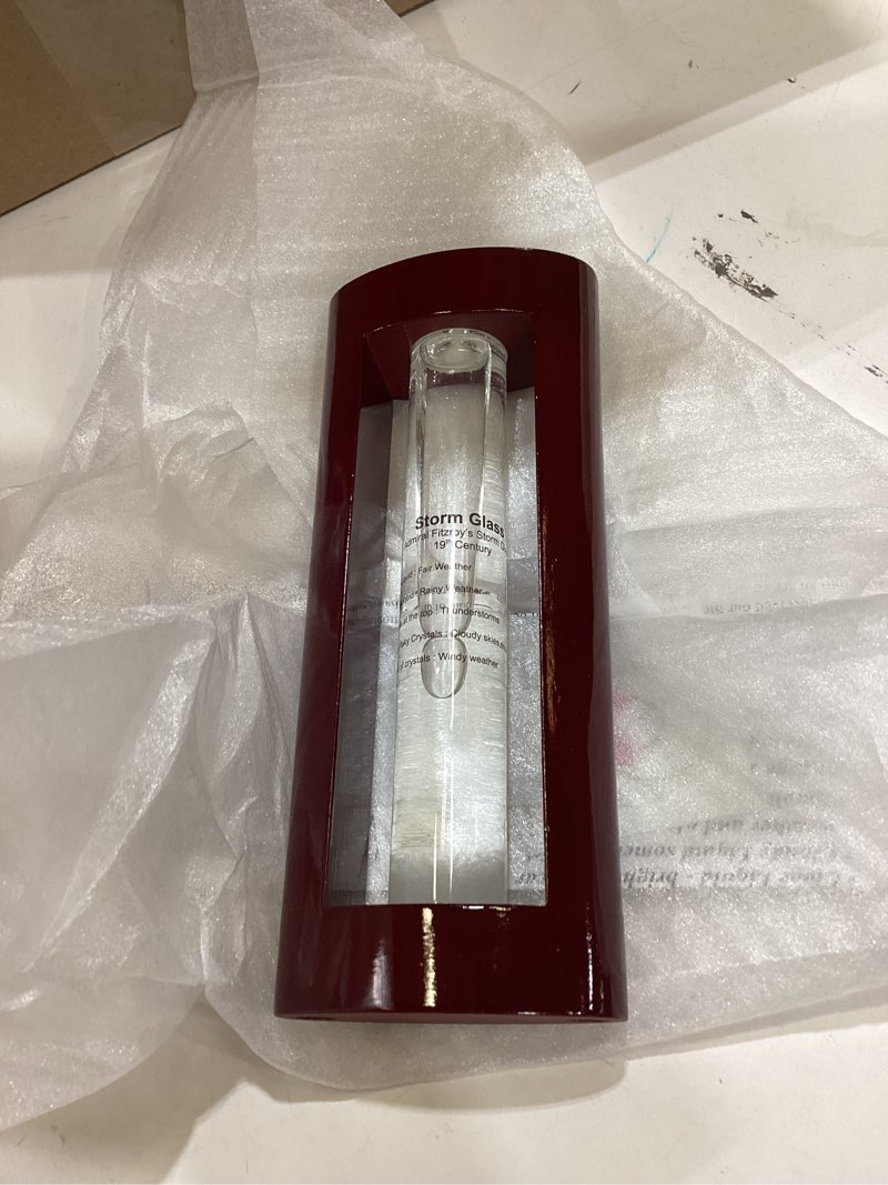 Condition photo showing Good Condition for lily's home admiral fitzroy's storm glass weather prediction station, predicts weather changes and patterns, elegant gift and desktop piece, includes cherry finished wood frame (7" tall)