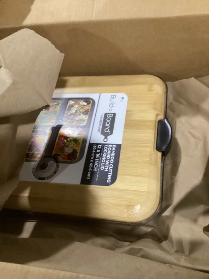Condition photo showing As Is for farberware build-a-board cutting board with three compartments and clear locking lid for charcuterie, snacks, and more, acacia black/acacia 3 compartments